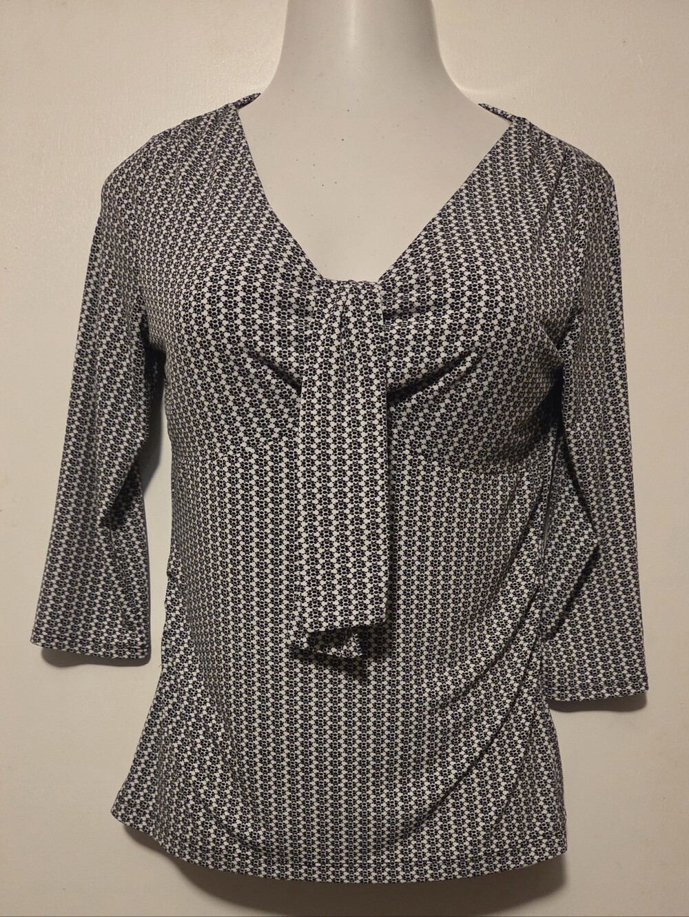 Apostrophe S Small  Black and White Printed Tie-Neck Blouse